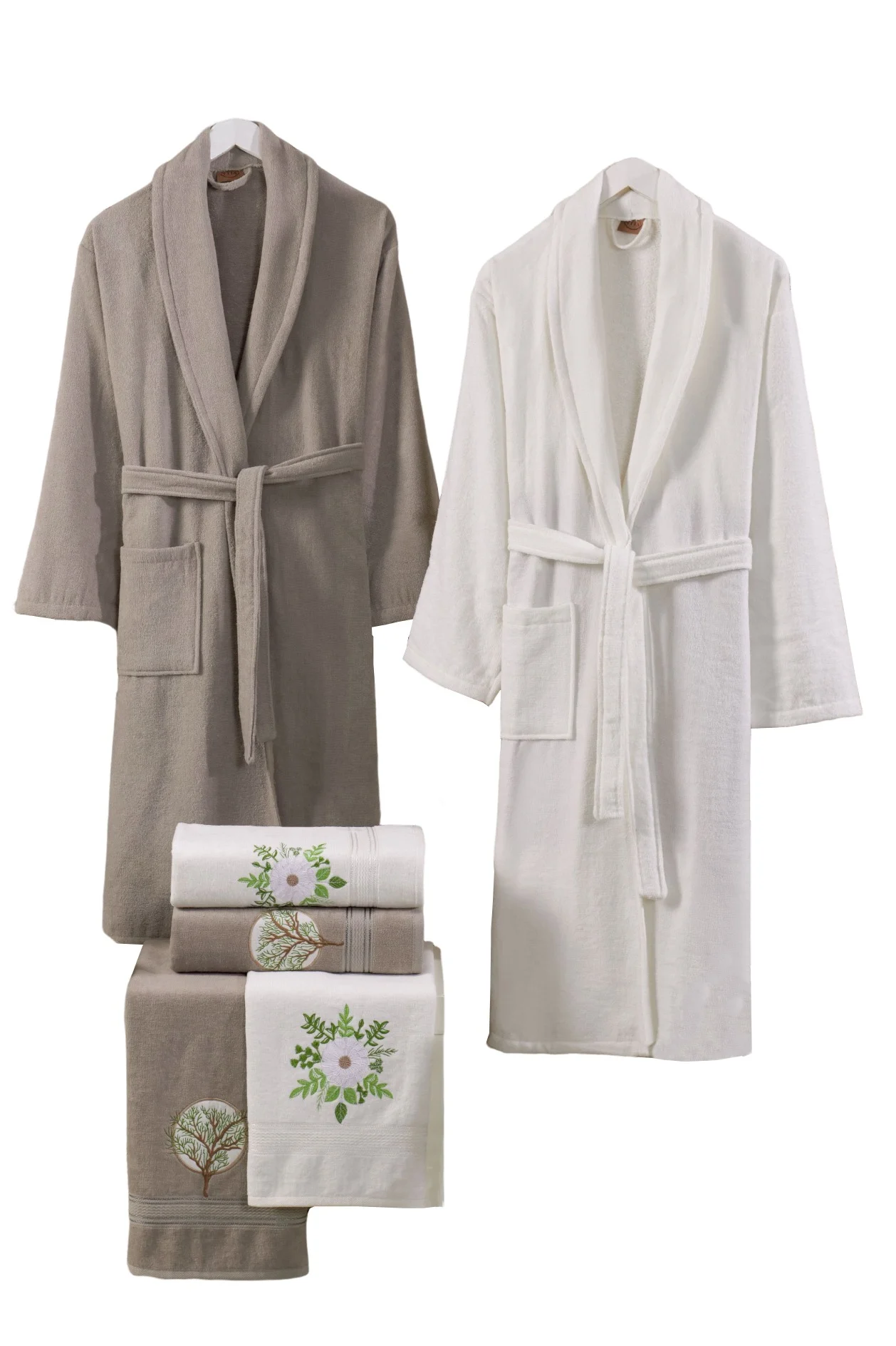 My VITA 6-Piece Turkish Velour Cotton Bathrobe Set with Matching Bath and Hand Towels (Brown/Ivory, Family Size) pwec4