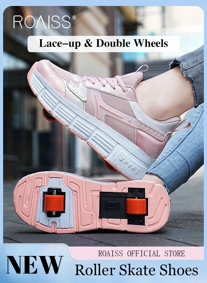 Roaiss Kids Double Wheel Roller Skates Shoes, Detachable Roll Sneakers, Comfortable Low Top Athletic Footwear (Pink, Size 30) mcwrb