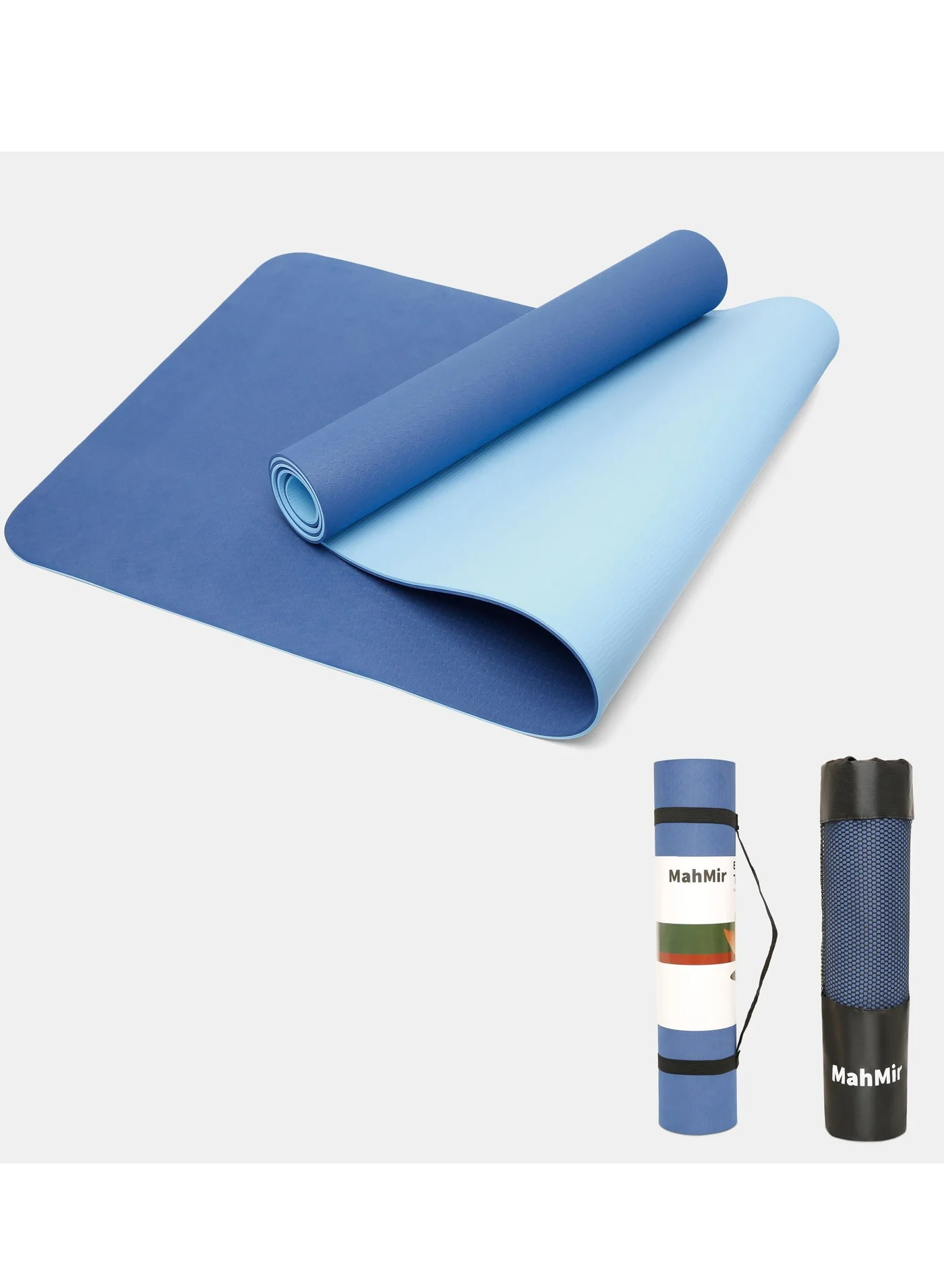 MahMir Non-Slip Yoga Mat Fitness Exercise Pad with Carrying Bag for Pilates and Workout (Dark Blue + Light Blue, 183cm x 61cm x 6mm) vqkyb