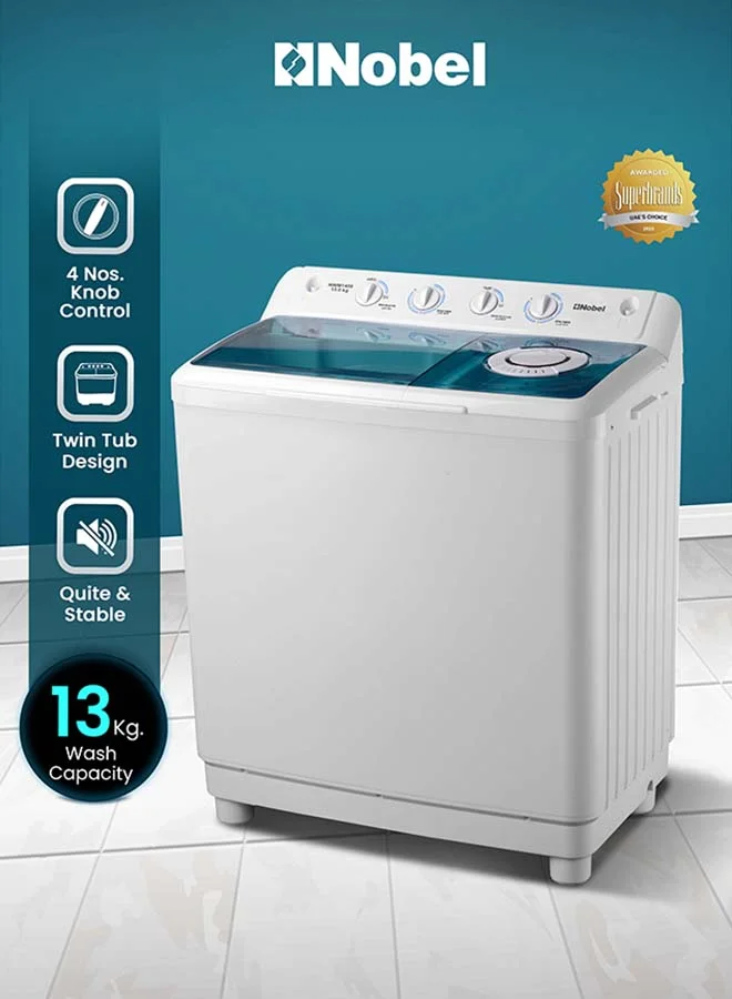 Nobel 13kg Semi-Automatic Twin Tub Washing Machine with 7.5kg Spin Dryer (White, 13kg Capacity) ijmck