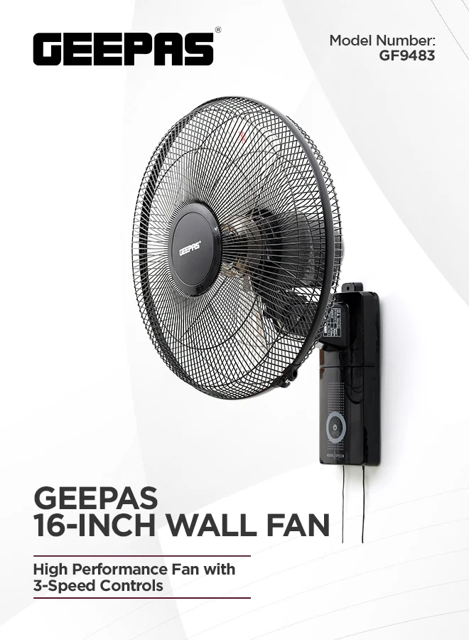 Geepas 16-inch Wall Mounted Fan with 3-Speed Control and 5-Blade Design (Black, 40 cm) 86ley