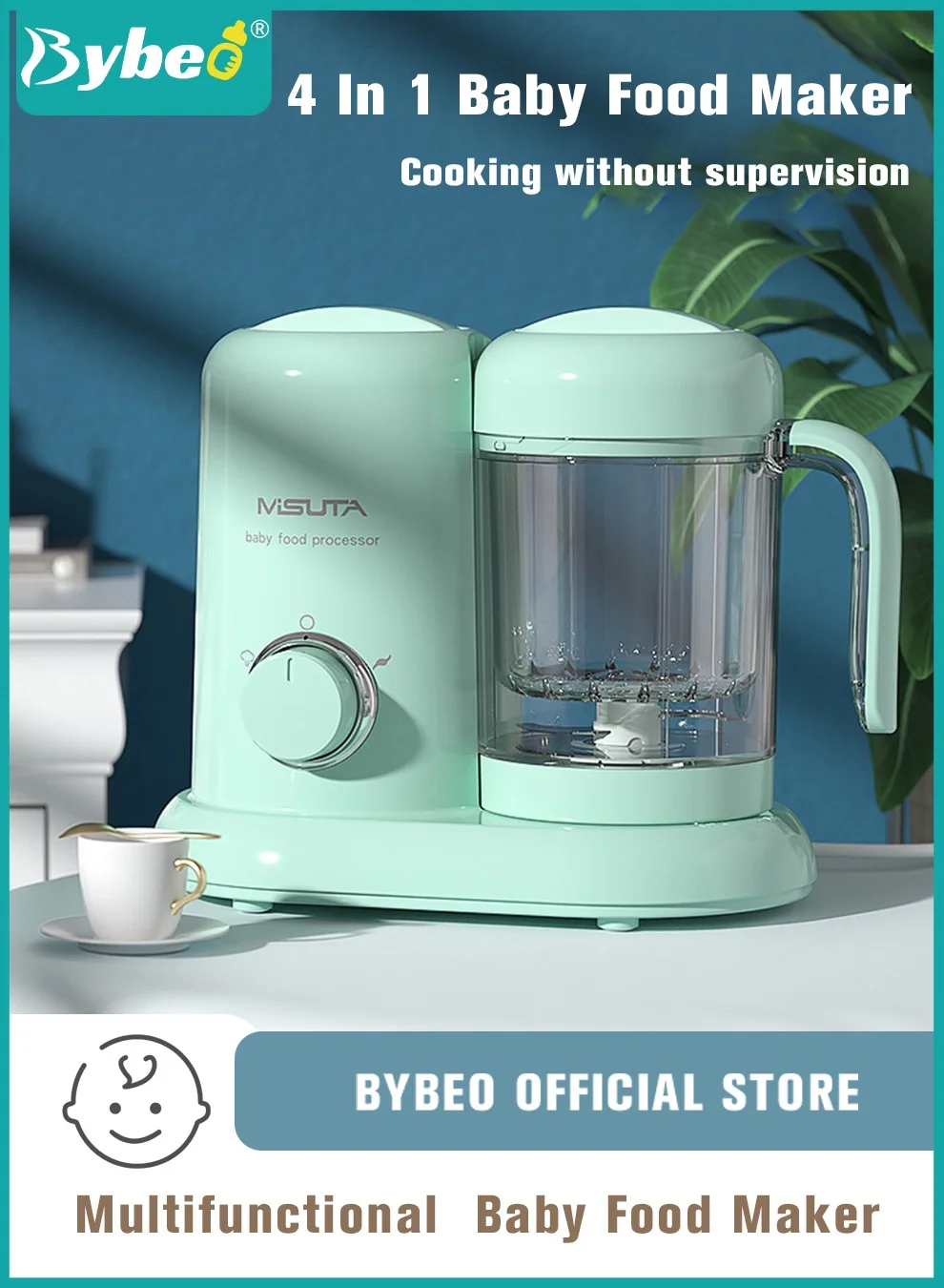 Bybeo 4-in-1 Baby Food Maker Processor Blender for Puree and Steaming (Premium BPA-Free Material) h12a6