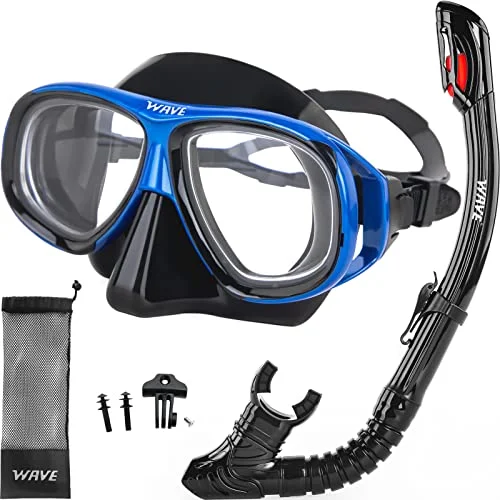 Wave Prescription Snorkel Mask Set with Dry Snorkel and Camera Mount (Adult, Black) cqazj
