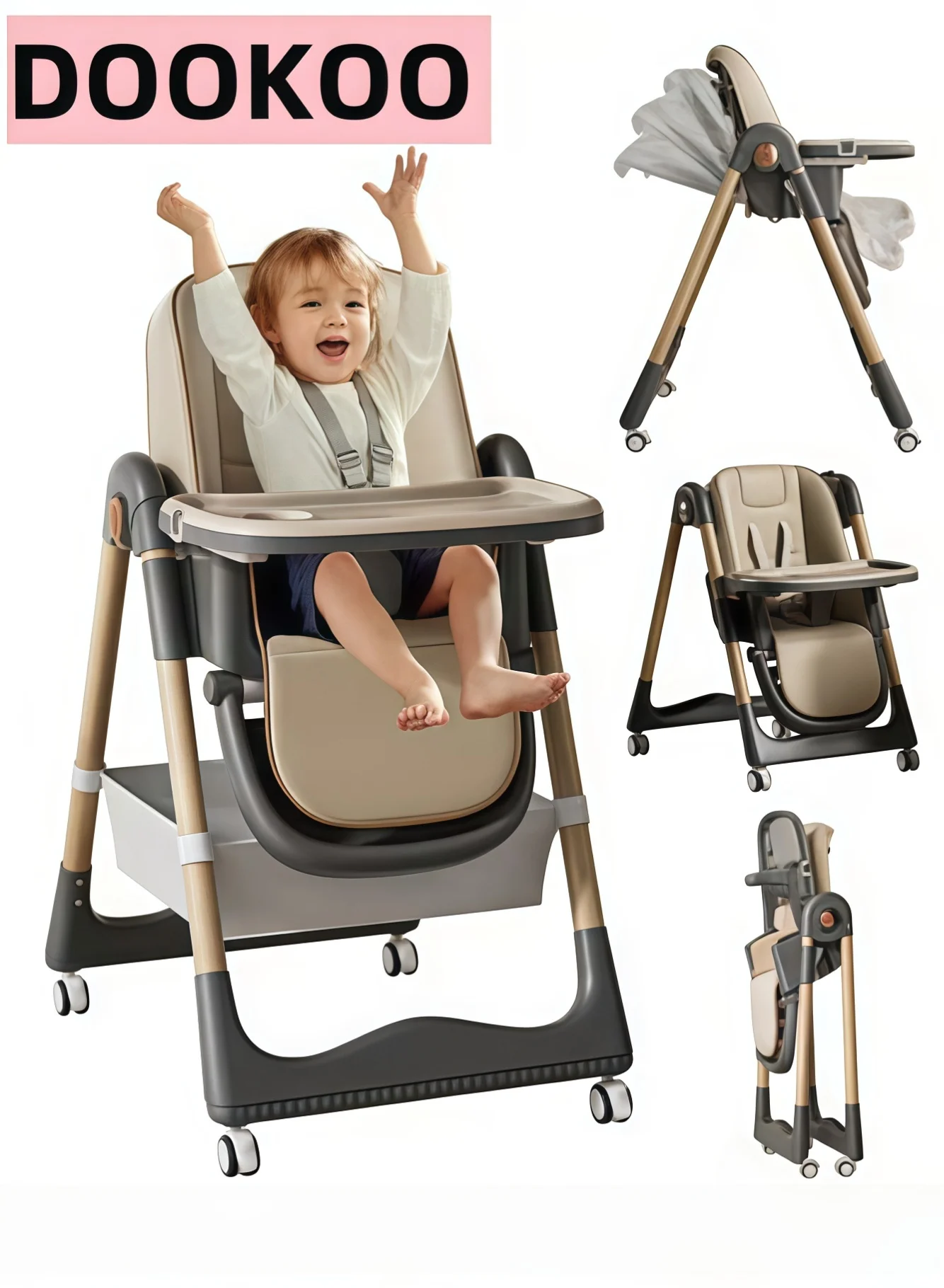 DOOKOO Foldable Baby High Chair with Wheels and Double Removable Tray (Adjustable Backrest and Footrest, Toddler Feeding Chair) ybgtq