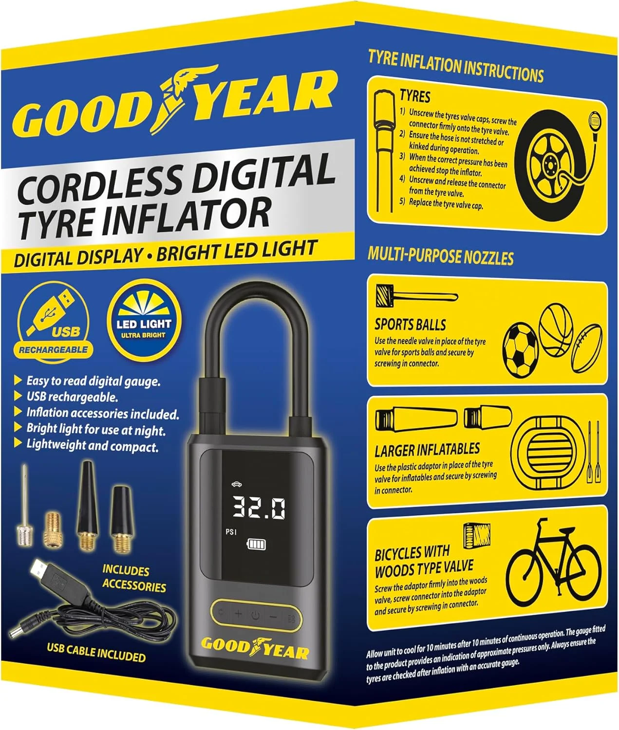 Portable Digital Tyre Inflator with LED Light Cordless Air Compressor for Car and Motorcycle (12V) eidag