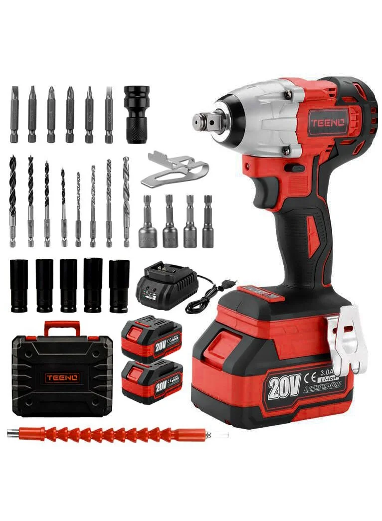 TEENO Brushless Cordless Impact Wrench 20V 600Nm High-Torque Power Tool with 2 Batteries and 5 Sockets Set for Automotive and Home Maintenance mcfhx