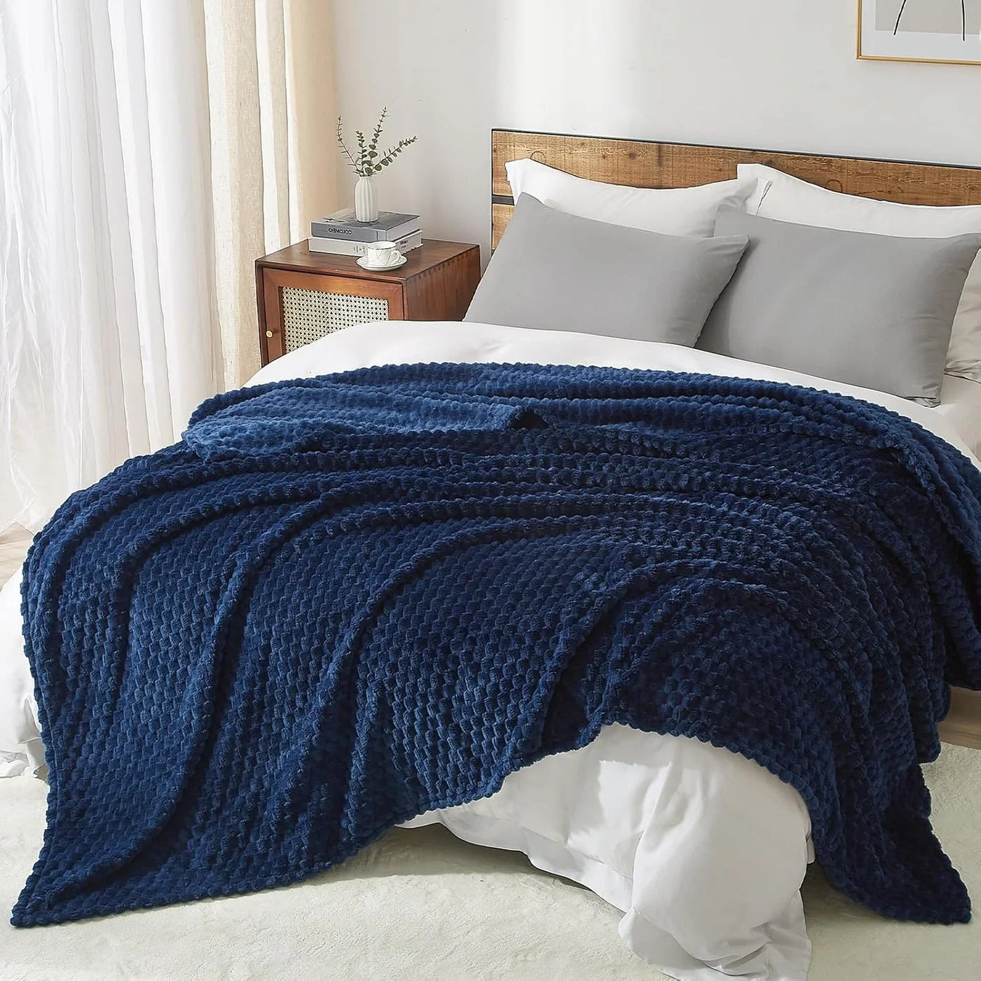 Premium Flannel Fleece Blanket 3D Jacquard Soft Bed Throw (Navy Blue, 228cm x 228cm) m9dfe