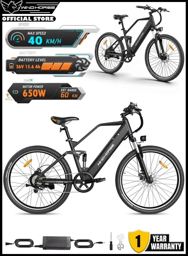 Wind Horse Electric Bike 650W Motor 36V 15.6Ah Battery 7-Speed Carbon Alloy Frame (27.5 Inches) 32raf