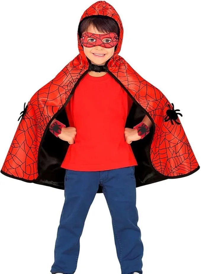 Premium Superhero Spider Costume Cloak with Matching Mask and Cap Set for Kids (One Size, Red) 8t0cf