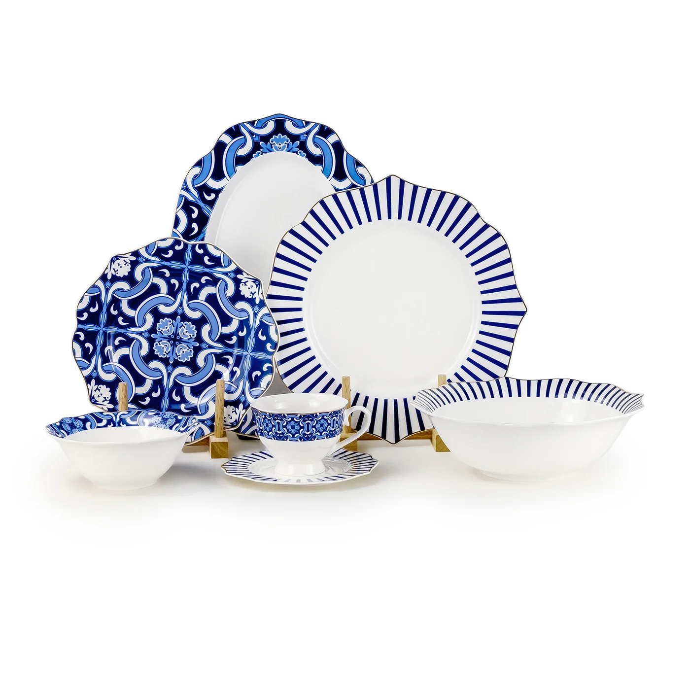 HEXTER 32-Piece New Bone China Dinnerware Set for 6 People - Elegant White and Blue Pattern Tableware for Ramadan and Festive Dining t3kcu