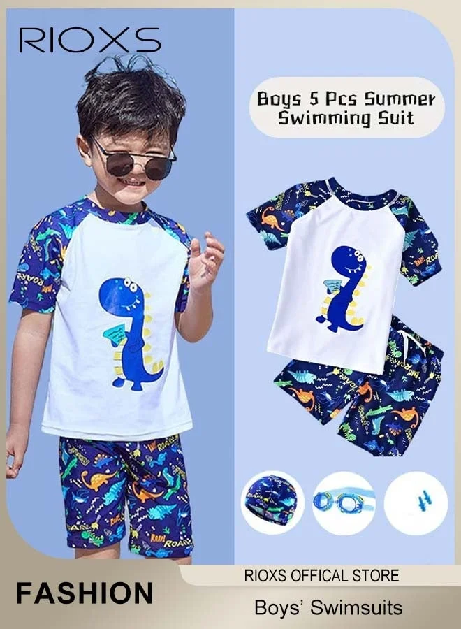 RIOXS Boys Dinosaur Rash Guard Swimsuit Set (5-Piece, Kids) Quick-Dry Sun Protection Watersports Outfit m0zhc