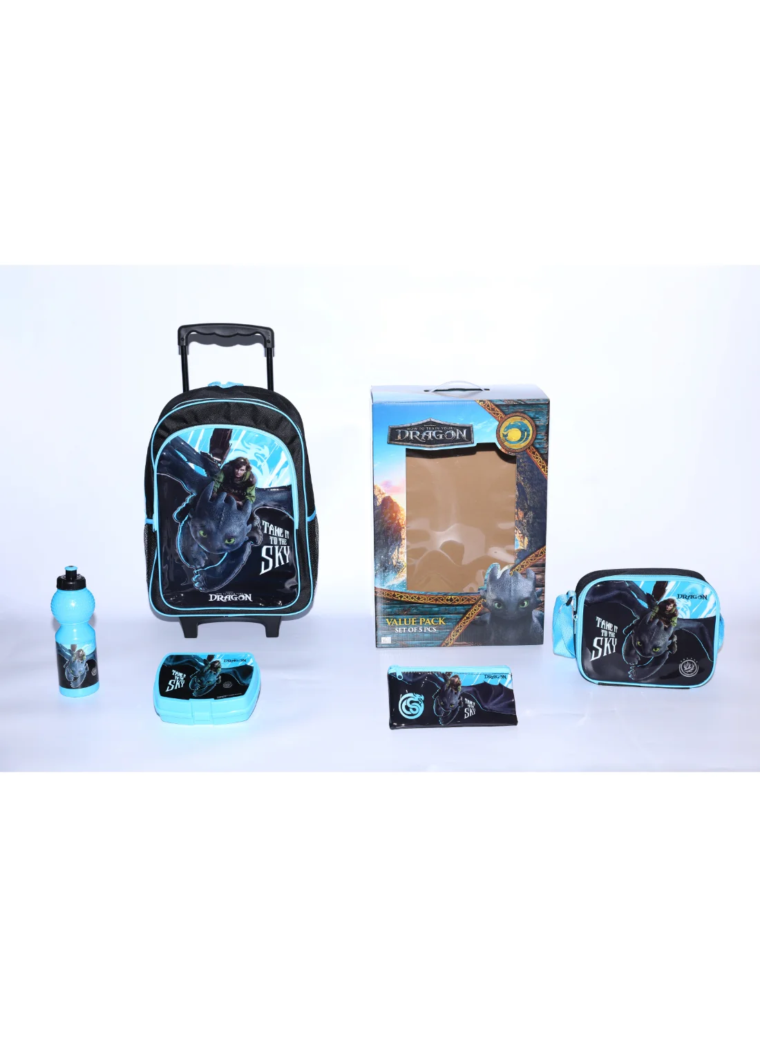 Premium Dragon Adventure 5-in-1 School Trolley Bag Set (16-inch Rolling Backpack with Lunch Box, Insulated Bag, Pencil Case, 40 cm) hgbod