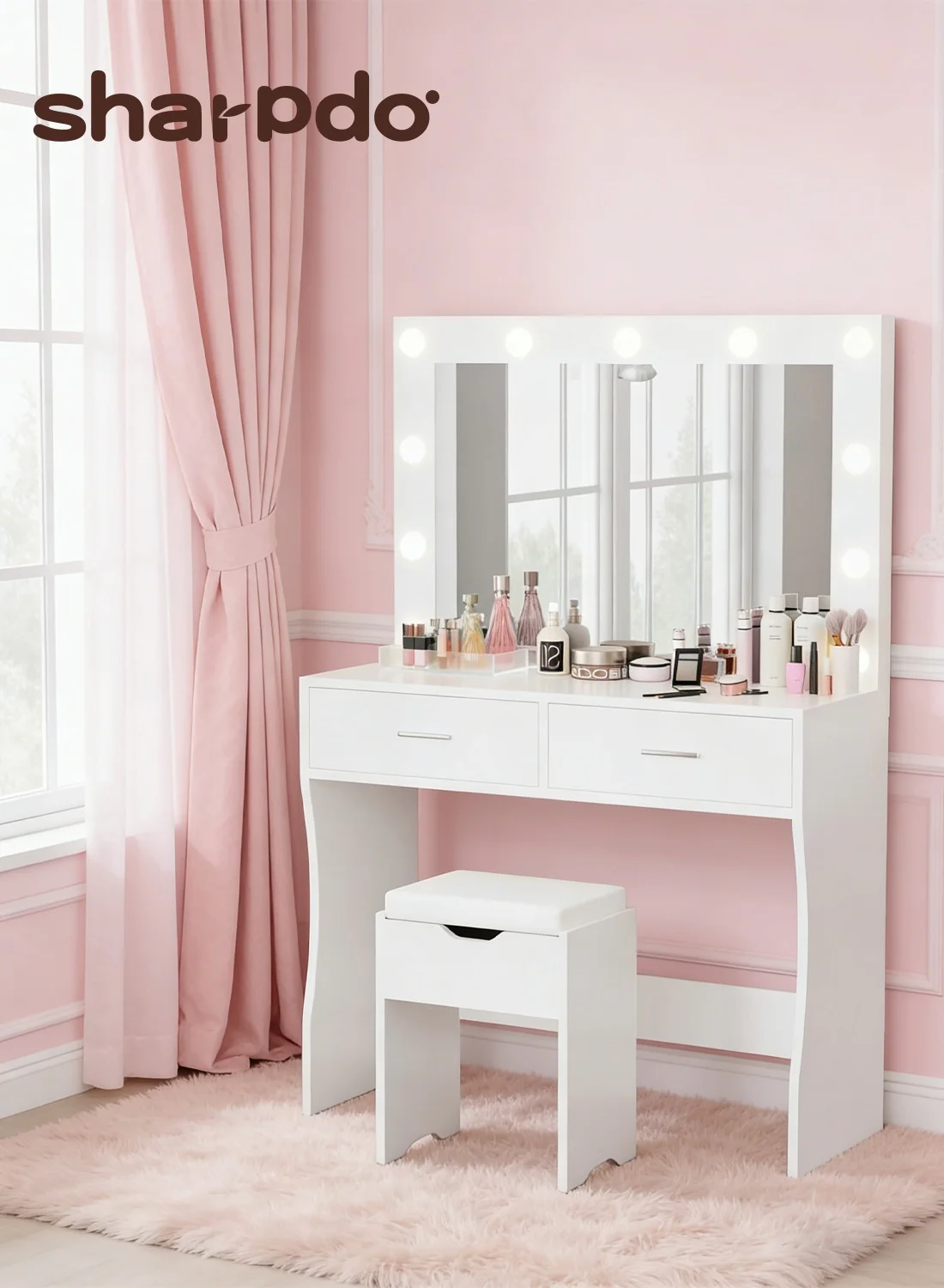 Sharpdo Modern Makeup Vanity Desk with LED Mirror and 3 Lighting Modes, Bedroom Dressing Table with 2 Drawers (White, 90x40x134cm) tyf9i