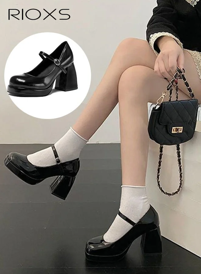 RIOXS Retro Square Toe Platform Chunky Heels, Women's Block Heel Mary Jane Dress Shoes (Black, 8cm) hln58