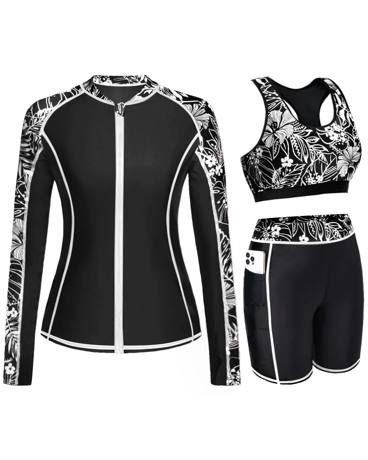 Daci Women 3-Piece Rash Guard Set Floral Long Sleeve Zip-Up Swim Shirt Sports Bra and Shorts (Black, L) yofch