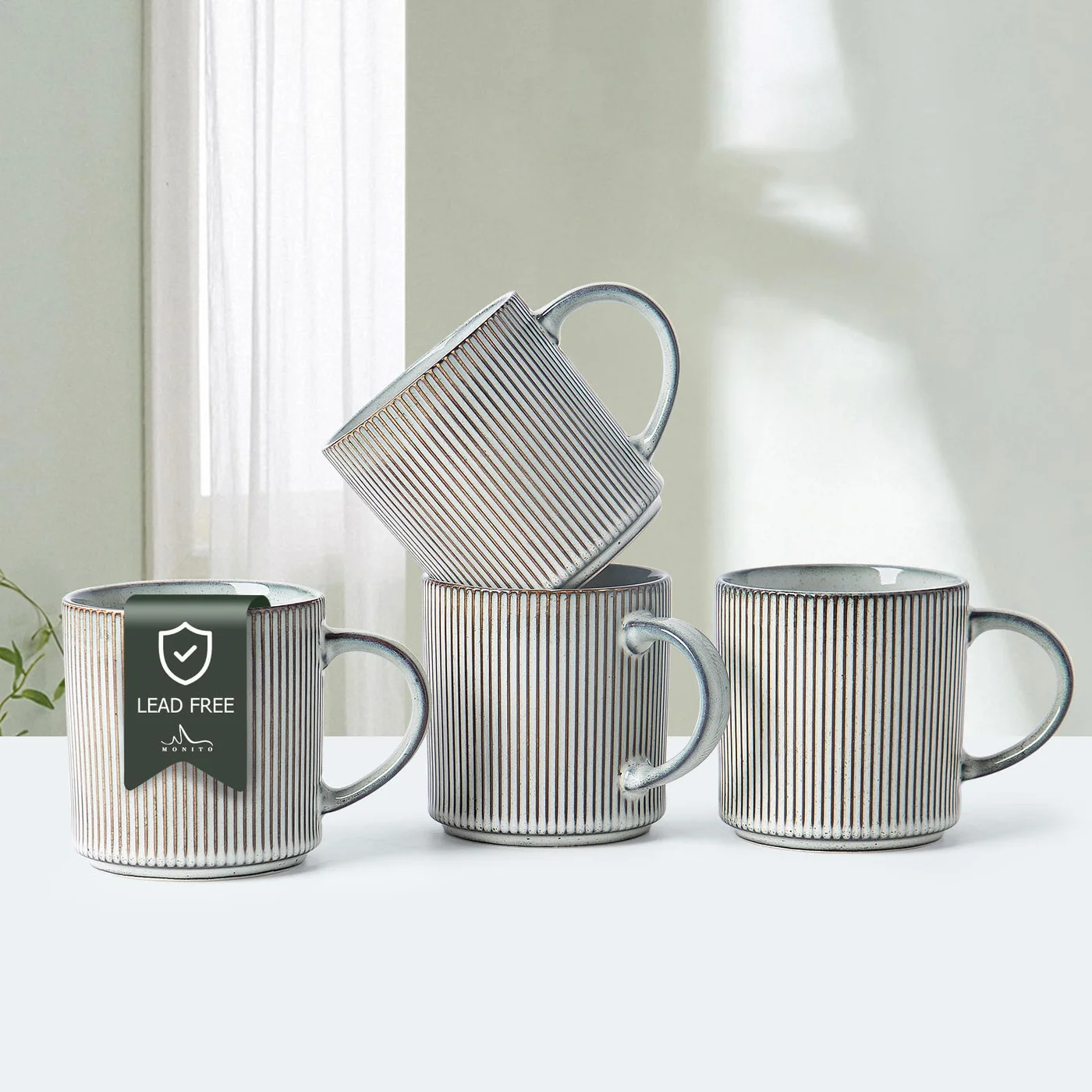 MONITO Rustic Ceramic Coffee Mugs Set, Vintage Striped Stoneware Cups with Large Handle for Latte and Tea (Smoky Blue, 475 mL, Pack of 4) ozexx