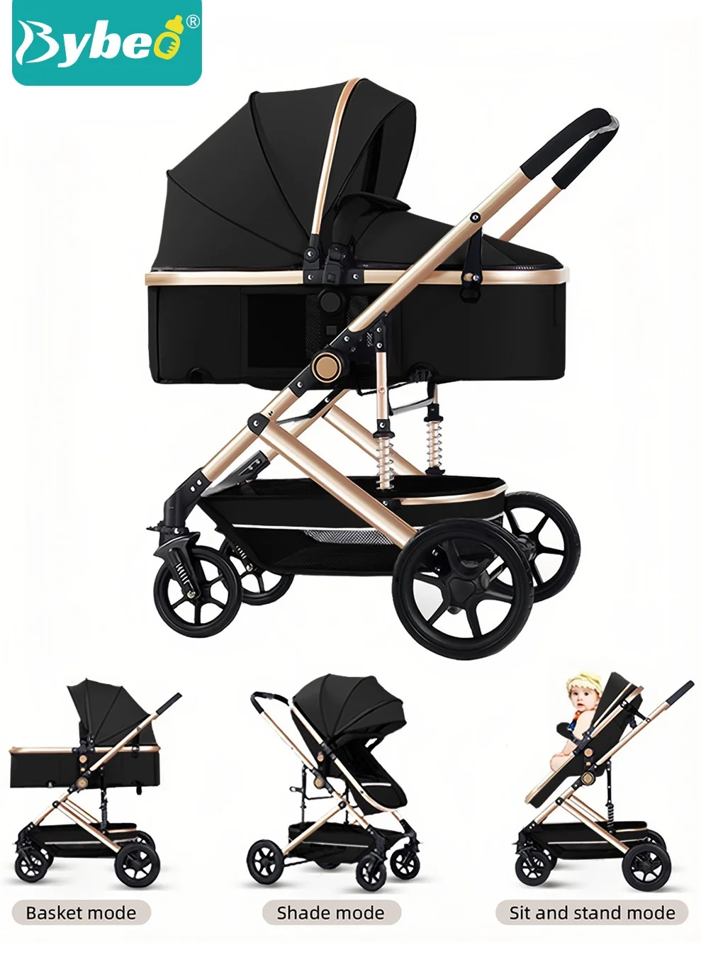 Bybeo 3-In-1 Multifunctional Baby Stroller, High Landscape Travel System with Rubber Wheels and Accessories for Newborns and Toddlers zpvsw