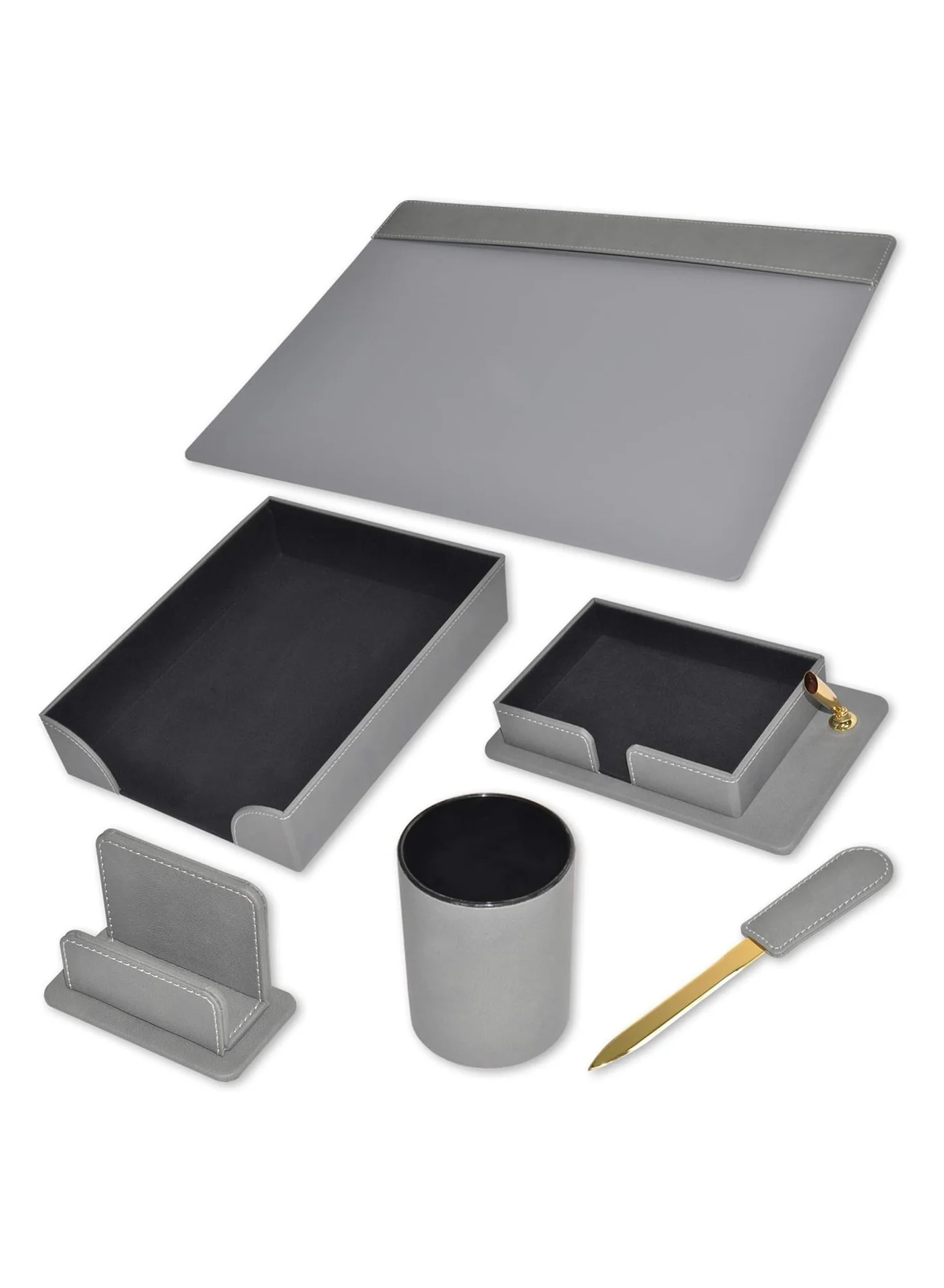 FIS Executive Desk Organizer Set Premium Italian PU Leather (6-Piece, Grey) bkok7