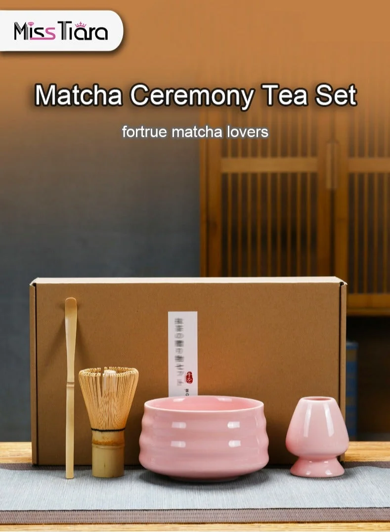MissTiara Matcha Tea Ceremony Set Premium Ceramic and Bamboo 4-Piece Kit (Pink) y0k4q