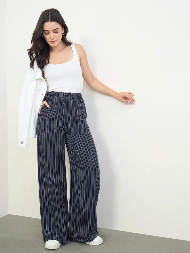 Styli Navy Striped Wide Leg Pants with Drawstring (Women, Casual) upxar