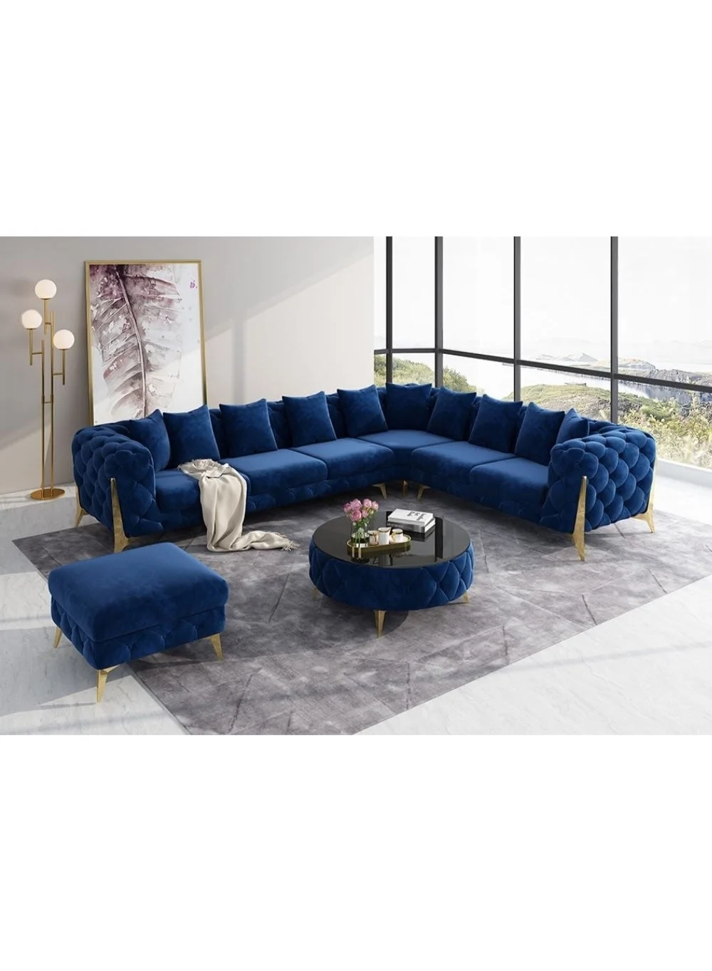 Maharat Al Bahar L-Shaped Chesterfield Velvet Sofa Set with Golden Legs (Blue, 3-Seater) n9mxd
