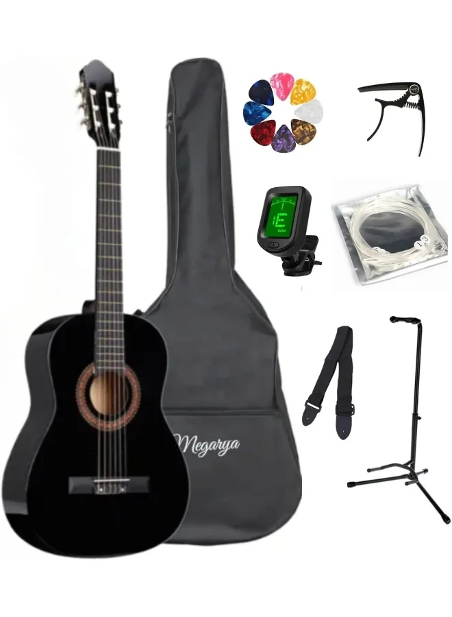 MegArya 34-inch Classical Acoustic Guitar Starter Set with Nylon Strings and Accessories (Black, 86 cm) tnvqz