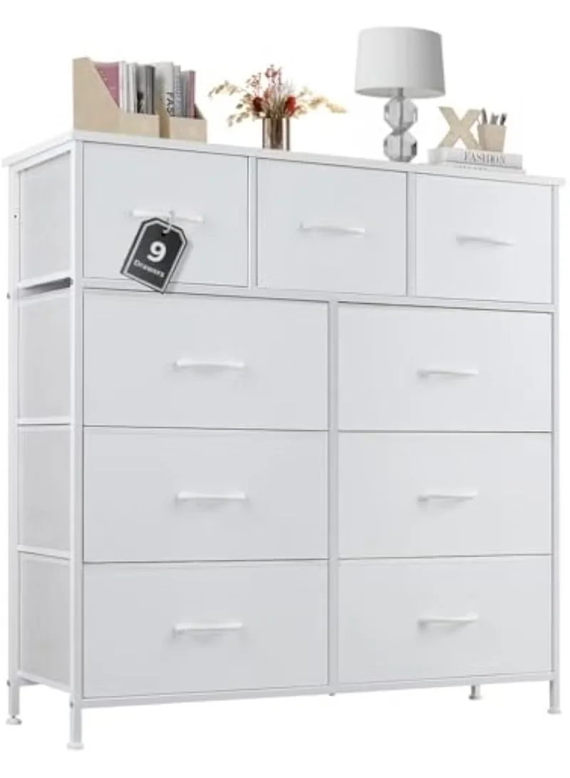 Nadrab Tall Dresser for Bedroom, Fabric Storage Tower with 9 Drawers (White) ms7v9