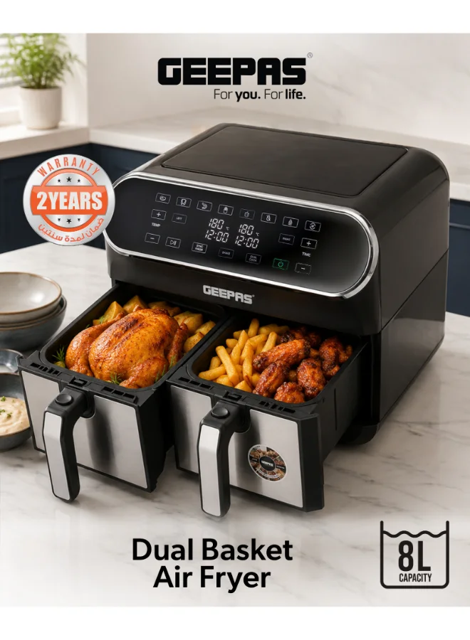 Geepas Double Basket Air Fryer with Vortex Technology, Digital LED Display, 1700W Power (Black, Silver, 8 L) gutm0