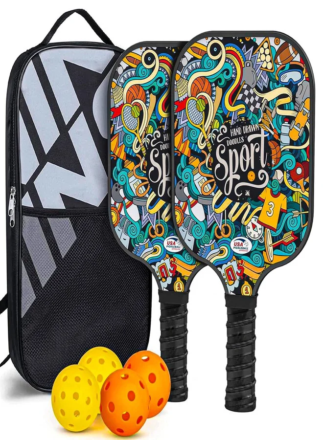 Premium Pickleball Paddle Set Carbon Fiber Rackets with Honeycomb Core (2 Paddles, 4 Balls, Carry Bag) a1wwb