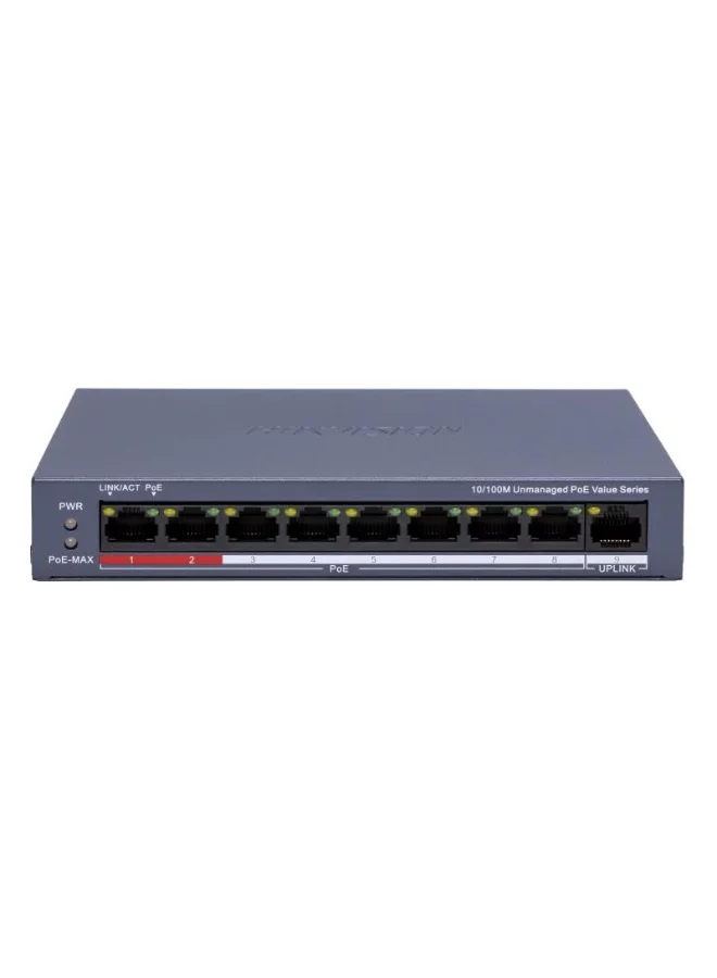 Hikvision 8-Port PoE Network Switch 10/100Mbps Unmanaged Desktop Ethernet Hub with 80W Power and 300m Long Range (Grey) nbtxk
