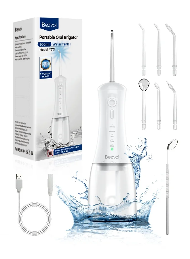 Bezvoi Portable Water Flosser Cordless Oral Irrigator with 5 Modes and 6 Interchangeable Tips (300 mL) 1732g