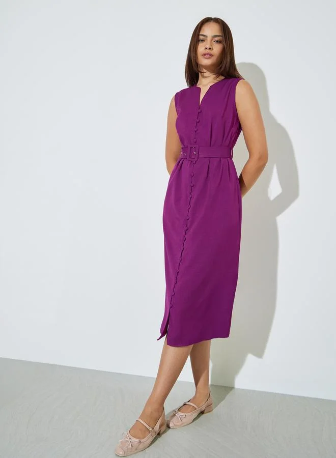 Styli Magenta Belted Sheath Midi Dress Elegant Formal Wear for Women (Magenta) yed86