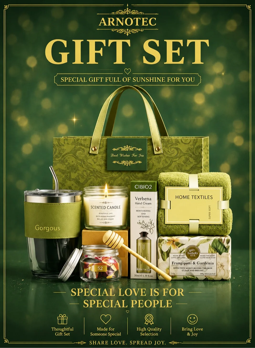 ARNOTEC Luxury Spa Gift Set for Women with Aromatherapy Candle and Hand Cream (Green, 7-Piece Set) 2wxk9