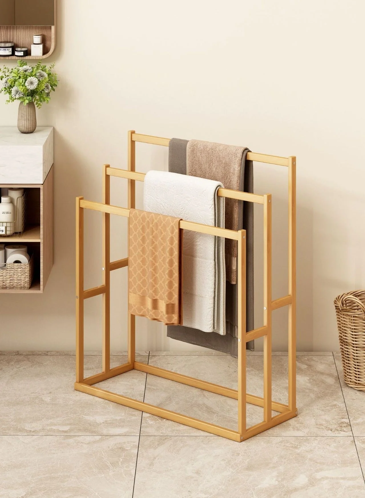 WALALLA 3-Tier Bamboo Towel Rack Freestanding Ladder Organizer (Natural, 85cm x 45cm x 25cm) pzpeo