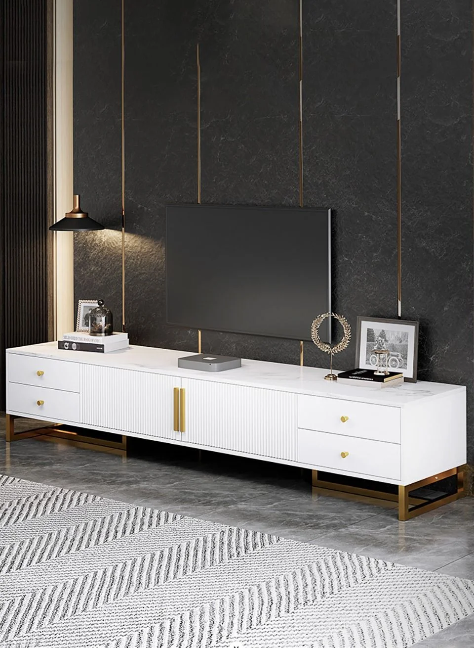 Merry Moments Modern TV Entertainment Unit with Marble Top and Gold Finish (White, 140x40x30 cm) eukw3