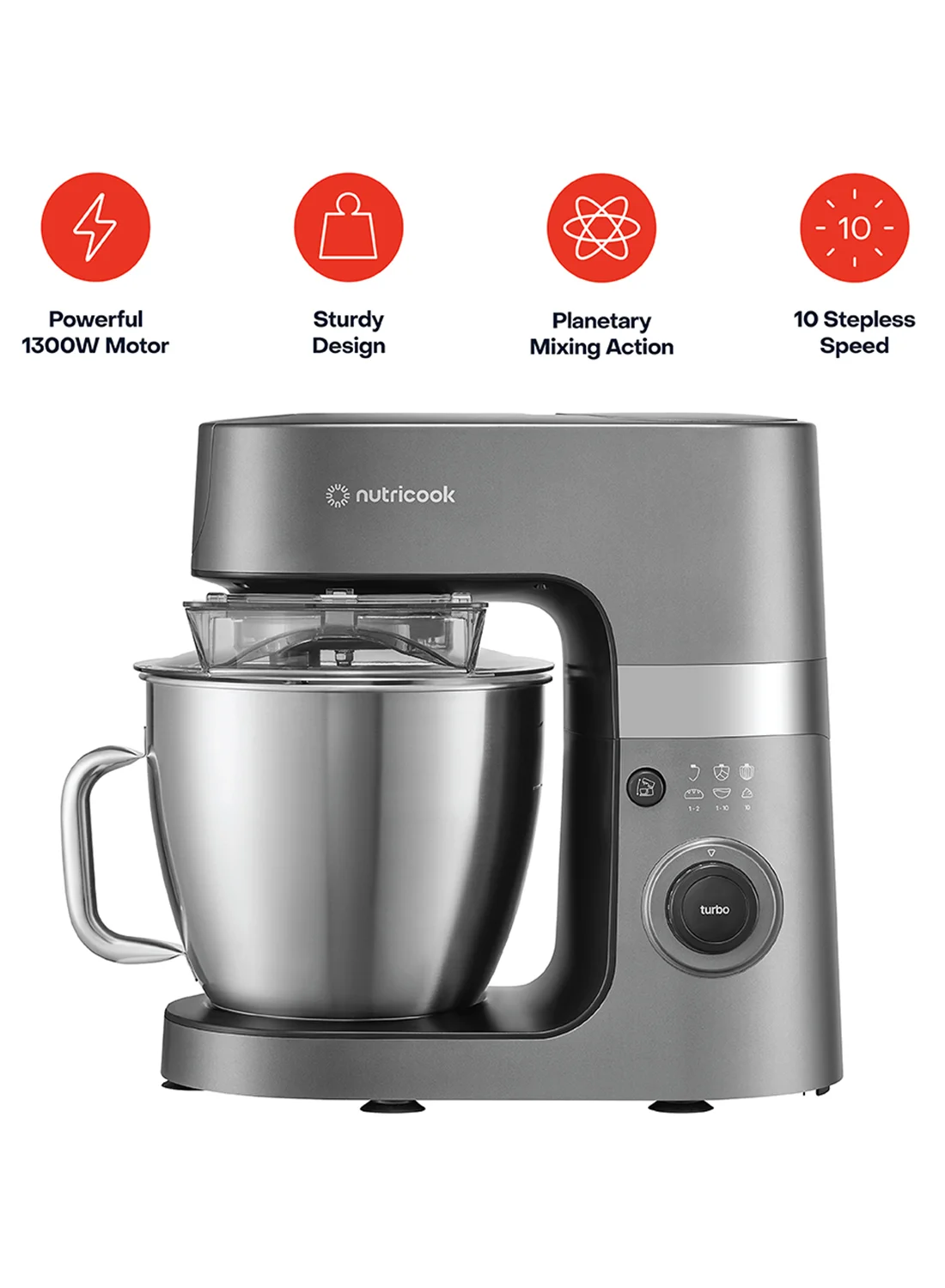 Nutricook Professional Stand Mixer with 6.3L Stainless Steel Bowl, 1300W Motor, 10-Speed Control, and Planetary Mixing Action (Grey, 6.3 L) 5hgh6