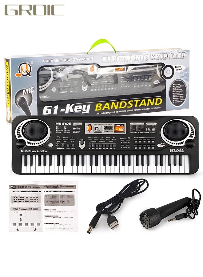 GROIC Electronic Keyboard Piano 61 Keys Portable Digital Music Instrument with Microphone for Beginners and Kids (Black) p6ndf