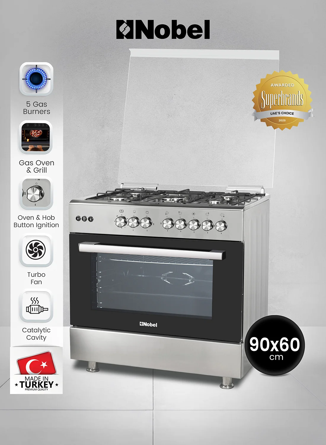 Nobel 90cm Gas Cooking Range with 5 Burners and 110L Gas Oven, Turbo Fan, Cast Iron Supports (Silver, 90cm) 6h81y