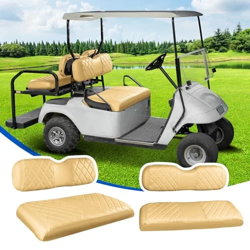 NOKINS Golf Cart Diamond Seat Covers Kit (4-Piece Set, Tan) Premium Vinyl Upholstery for Standard Cushions jdy5q