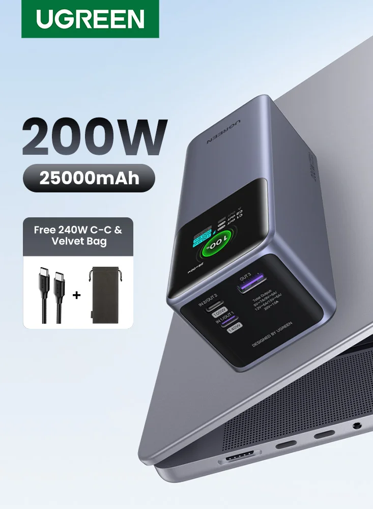 Ugreen 200W Portable Power Bank 25000mAh Ultra-Fast Laptop Charger (Digital Display, 2C1A Ports, Airline-Friendly) f4vf7