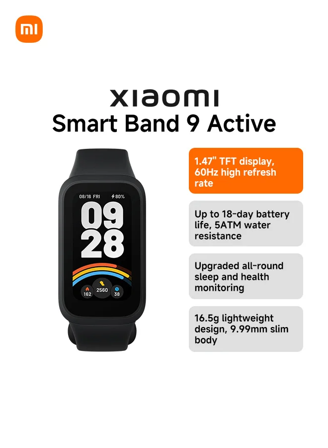 Smart Band 9 Active Fitness Tracker with AMOLED Display and Health Monitoring (Black, 9.99 mm) 45jn6
