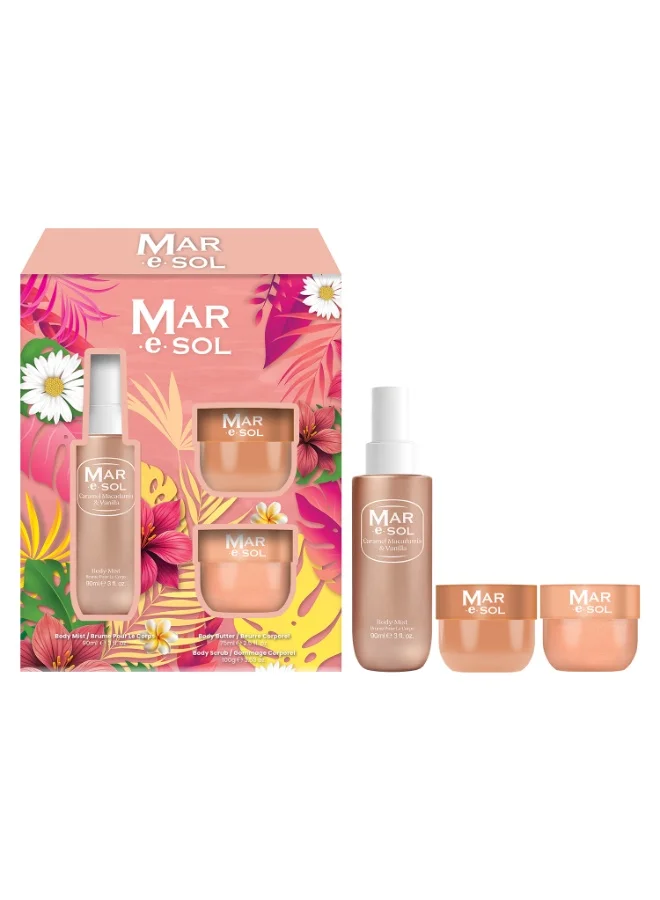 MAR.E.SOL Caramel Macadamia & Vanilla Body Care Gift Set (90mL Mist, 100g Scrub, 75mL Butter) for Women k235u