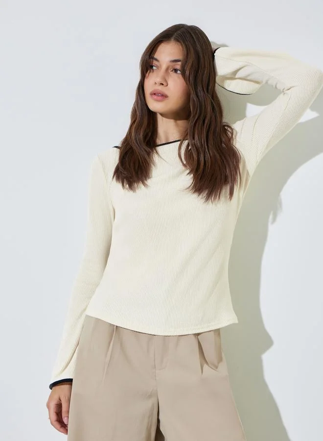 Styli Cream Boat Neck Knit Top with Tipping Detail (Women, Small) wog1f