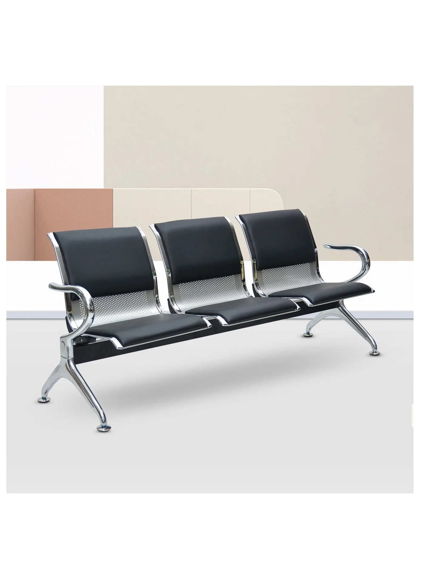 Multi Home Furniture 3-Seater Airport Visitor Chair with Armrests and Stainless Steel Frame (Black, 180 cm) 345zs
