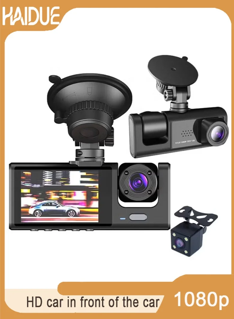 Haidue Triple Lens Dash Cam 1080P Full HD Front Interior and Rear Recording System (Black) zmdas
