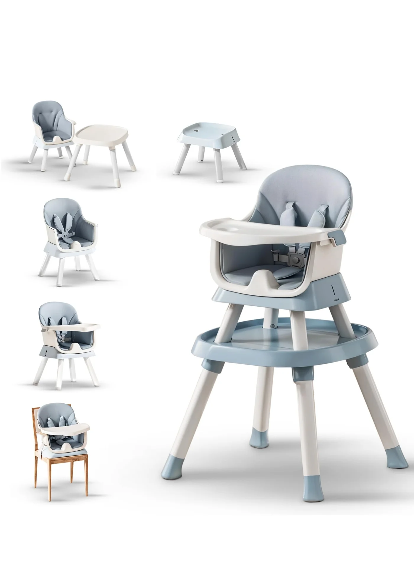 Convertible 6-in-1 Baby High Chair and Study Desk Set with 5-Point Safety Harness and Adjustable Height (Blue) 4j8vu