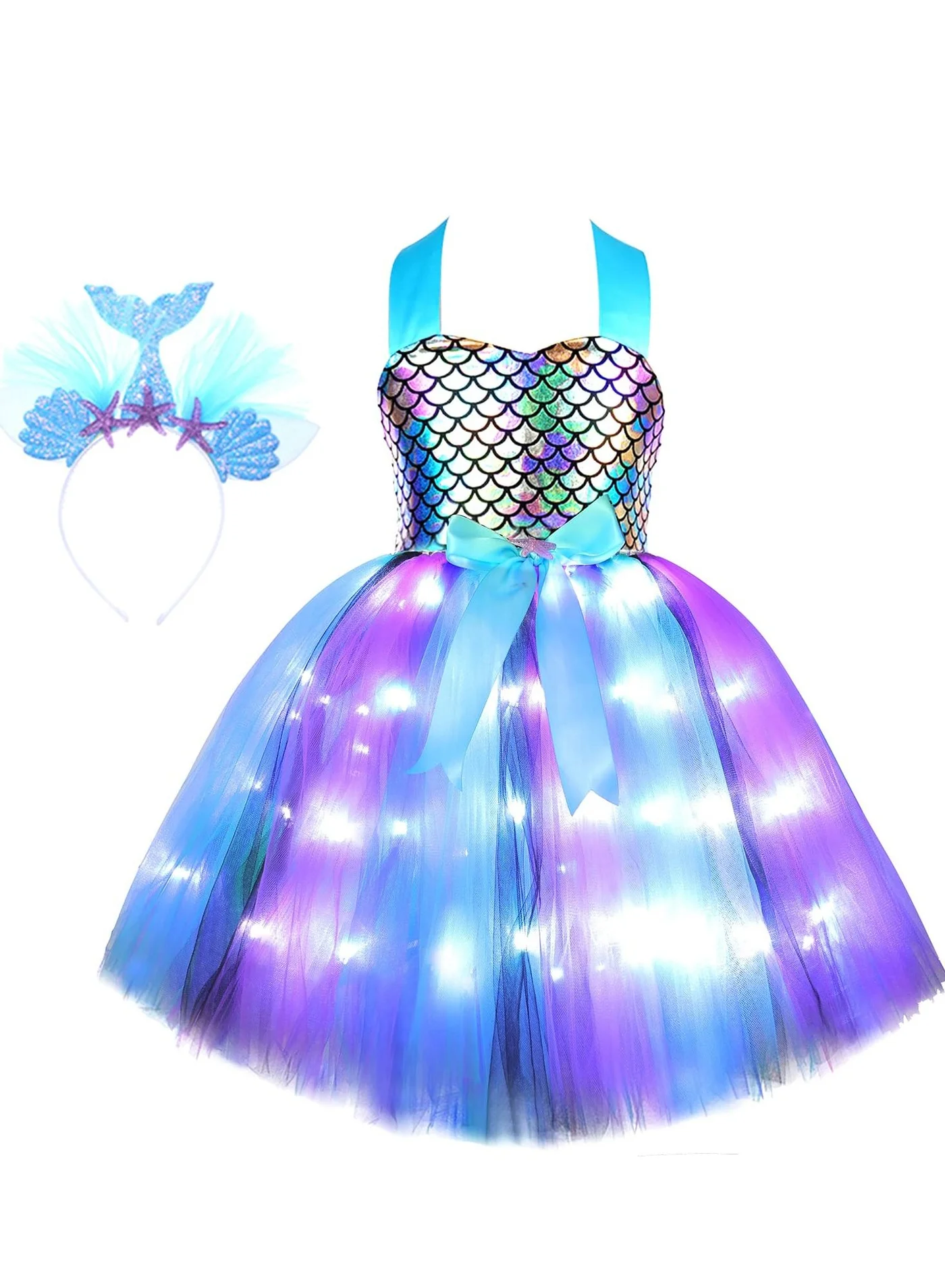 Premium Mermaid Princess Tutu Dress with LED Lights and Headband for Girls (3-8 Years) 4sfdn