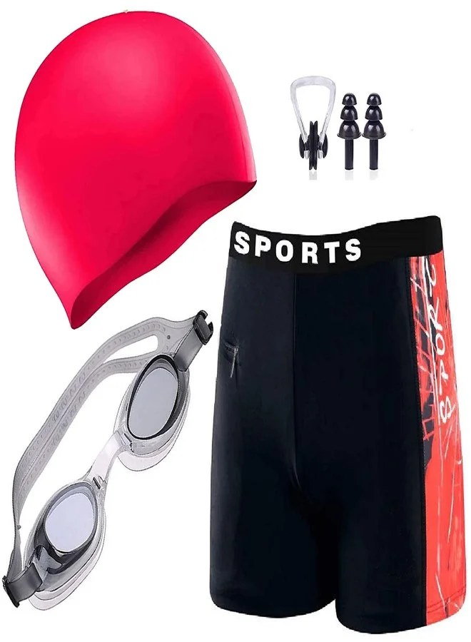 DRAUSS Men Swimming Costume Set with Goggles Cap Earplugs and Nose Clip (Red, 71cm to 86cm Waist) whu17