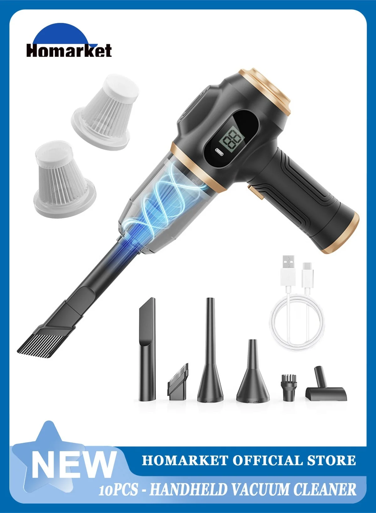 HomarKet Handheld Cordless Vacuum Cleaner 15000Pa Powerful Portable Dust Catcher with LCD Display and Multi-Nozzles for Home and Car (Black) rnh4w