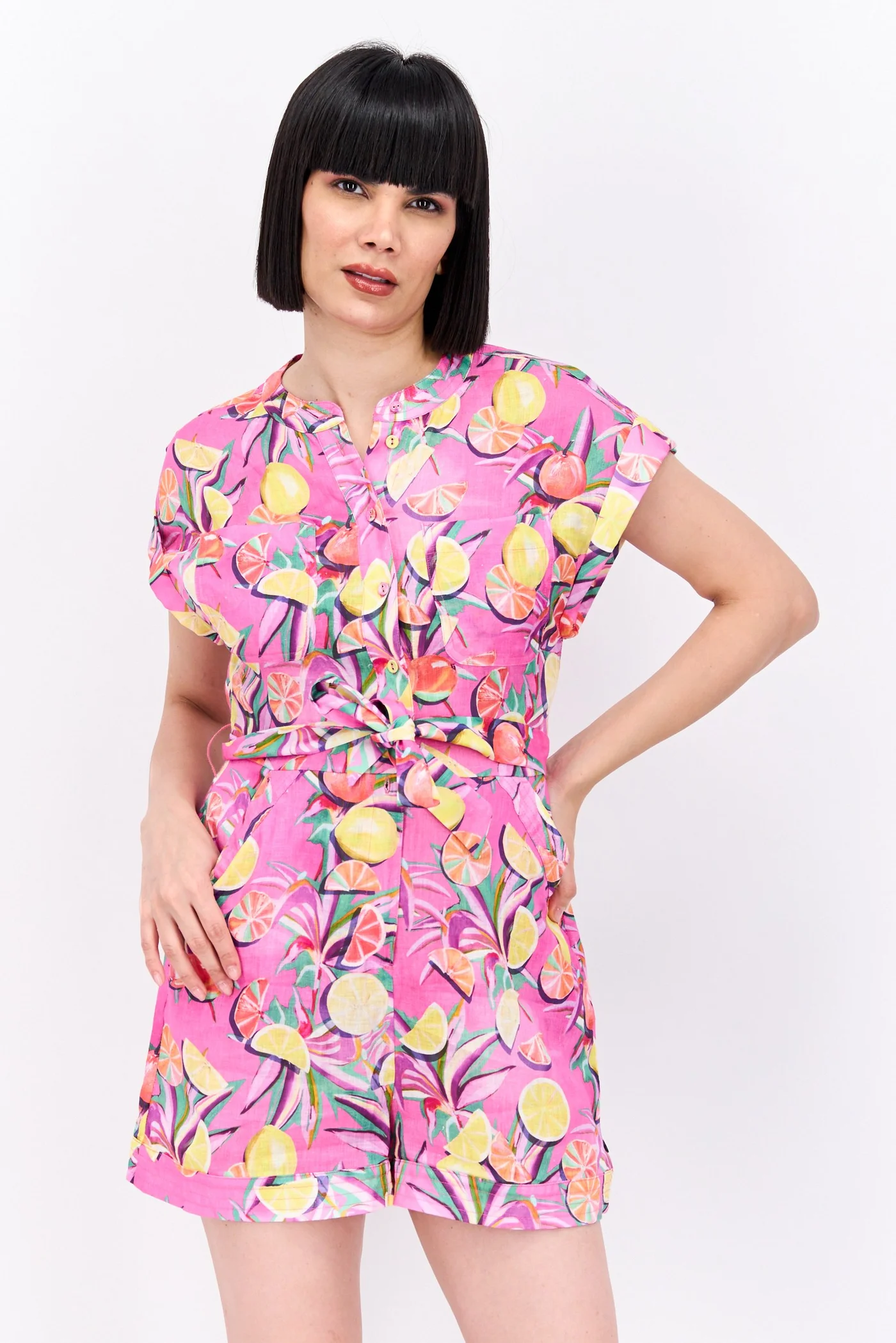 Premium Floral Print Short Sleeve Jumpsuit for Women (Multicolor, One Size) 1tb53